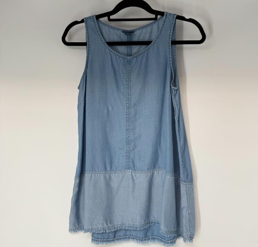 J. Jill Denim Two-Toned Indigo Tunic Top Womens PS Blue Frayed Hem Casual Chic